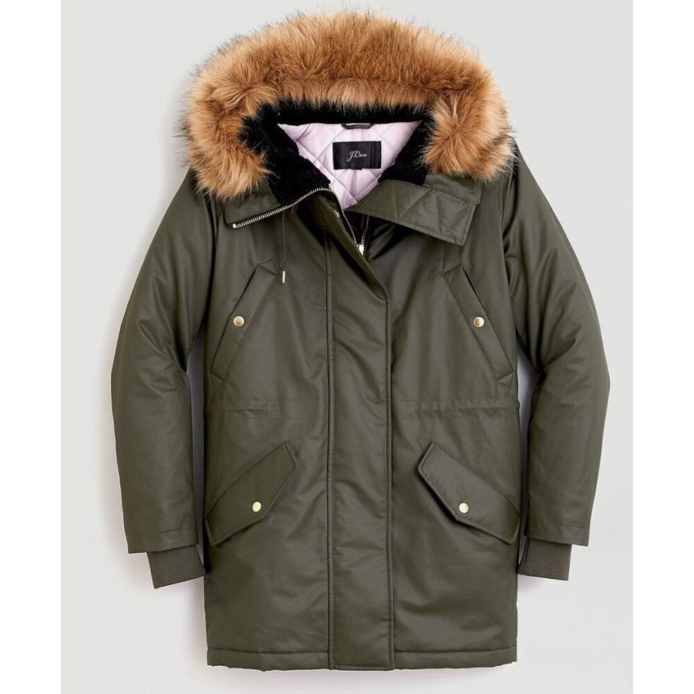 J.crew perfect winter jacket primaloft olive faux fur hood jacket size M